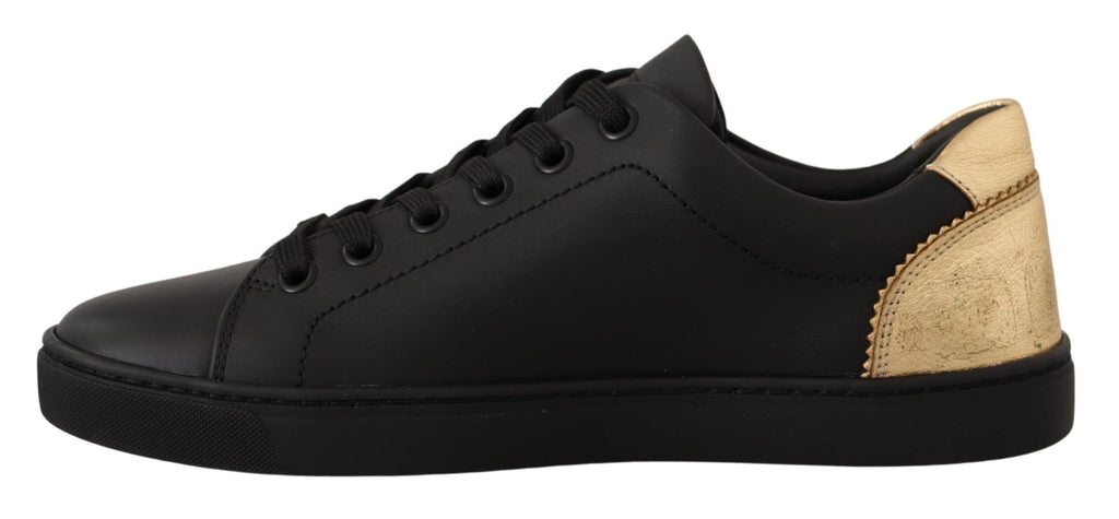 Dolce & Gabbana black leather low top sneakers with gold accents for women, stylish and casual footwear.