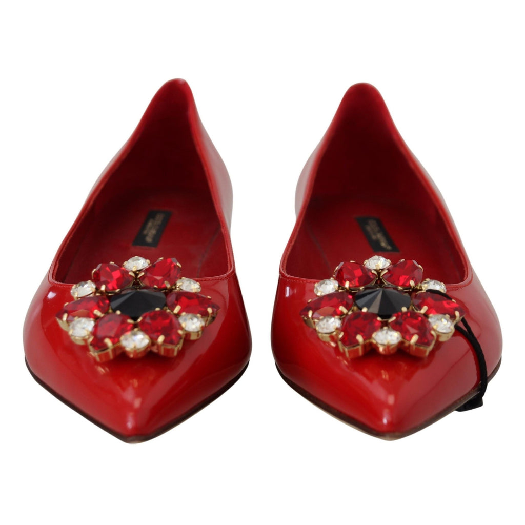 Dolce & Gabbana Red Leather Crystals Loafers Flats Shoes