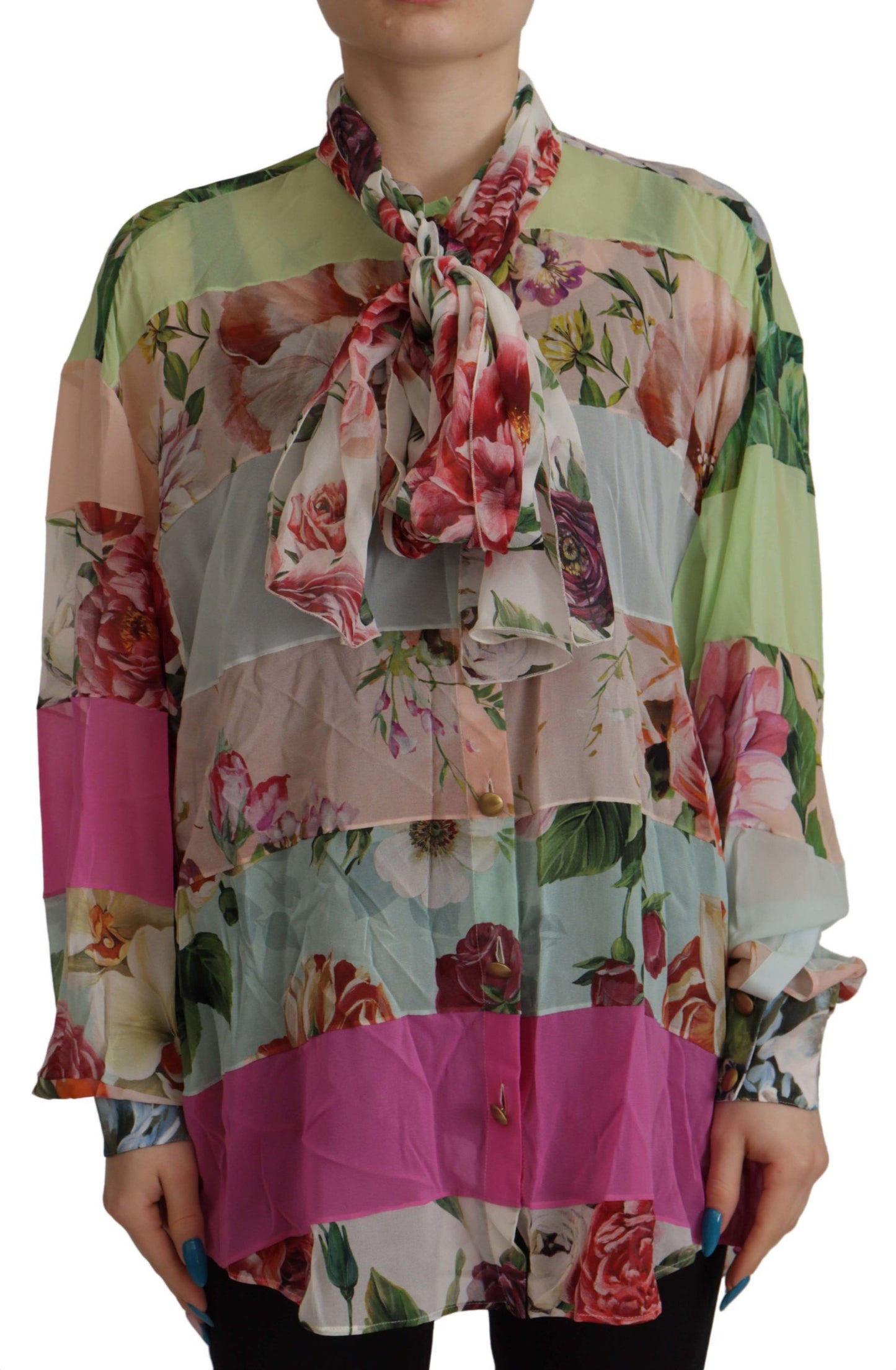 Dolce & Gabbana Multicolor Floral Patchwork Design Ascot Collar Top Blouse