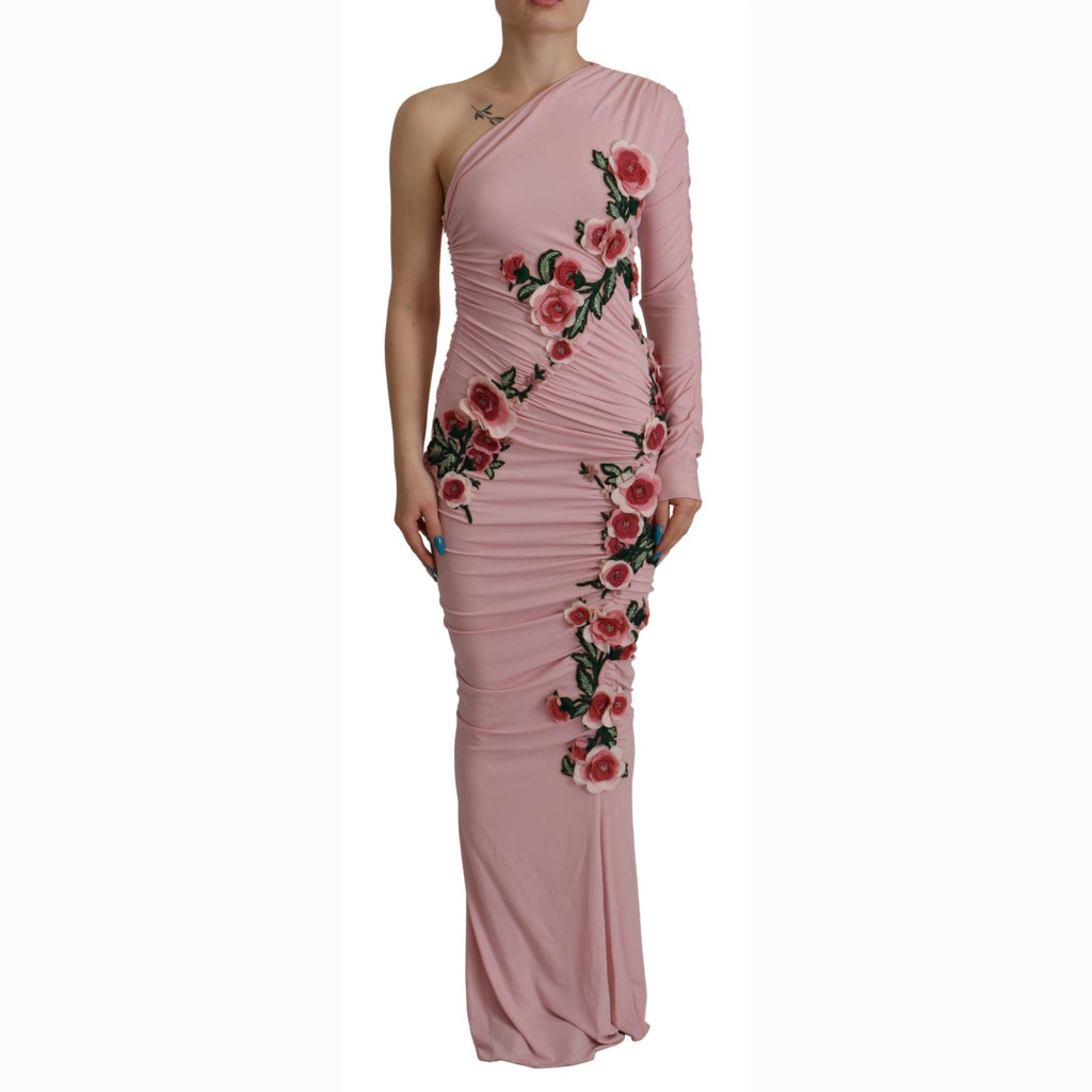 Dolce & Gabbana Pink Flower Embellished One Shoulder Dress