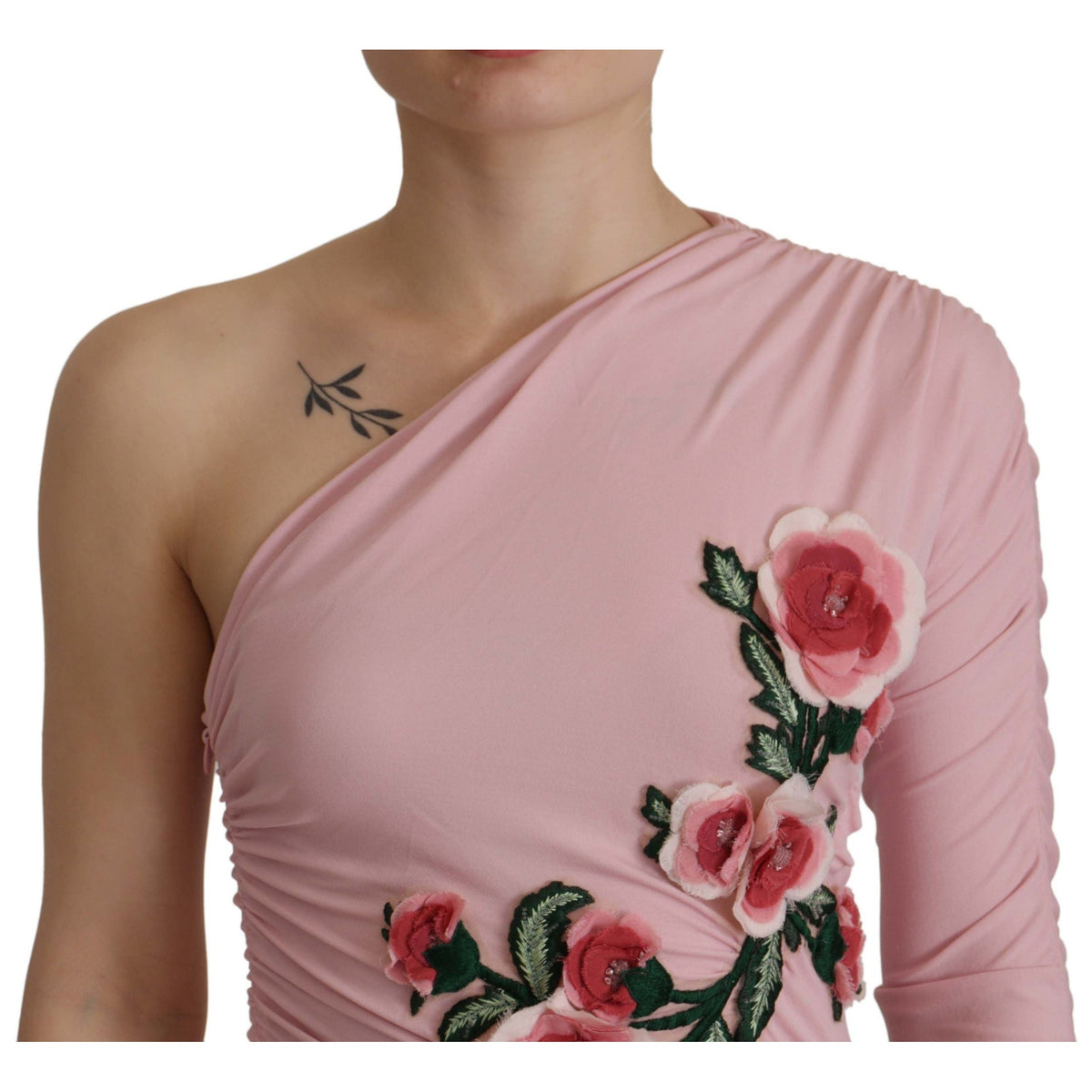 Dolce & Gabbana Pink Flower Embellished One Shoulder Dress