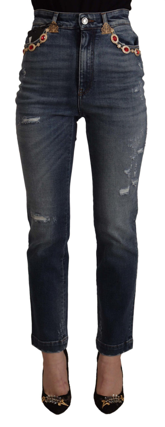 Dolce & Gabbana Blue Denim Crystal Embellished Pants Jeans Dolce & Gabbana