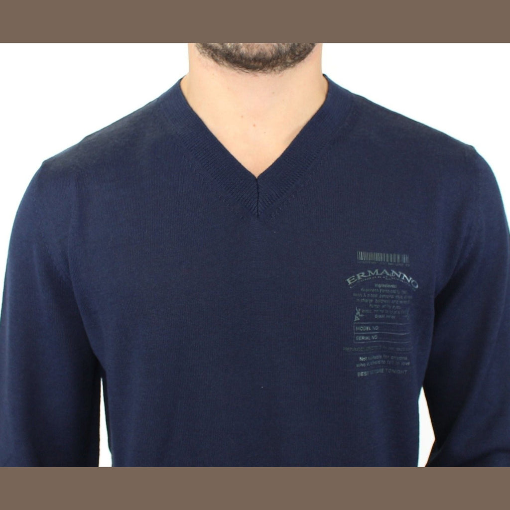 Ermanno Scervino Blue Wool Blend V-neck Pullover Sweater
