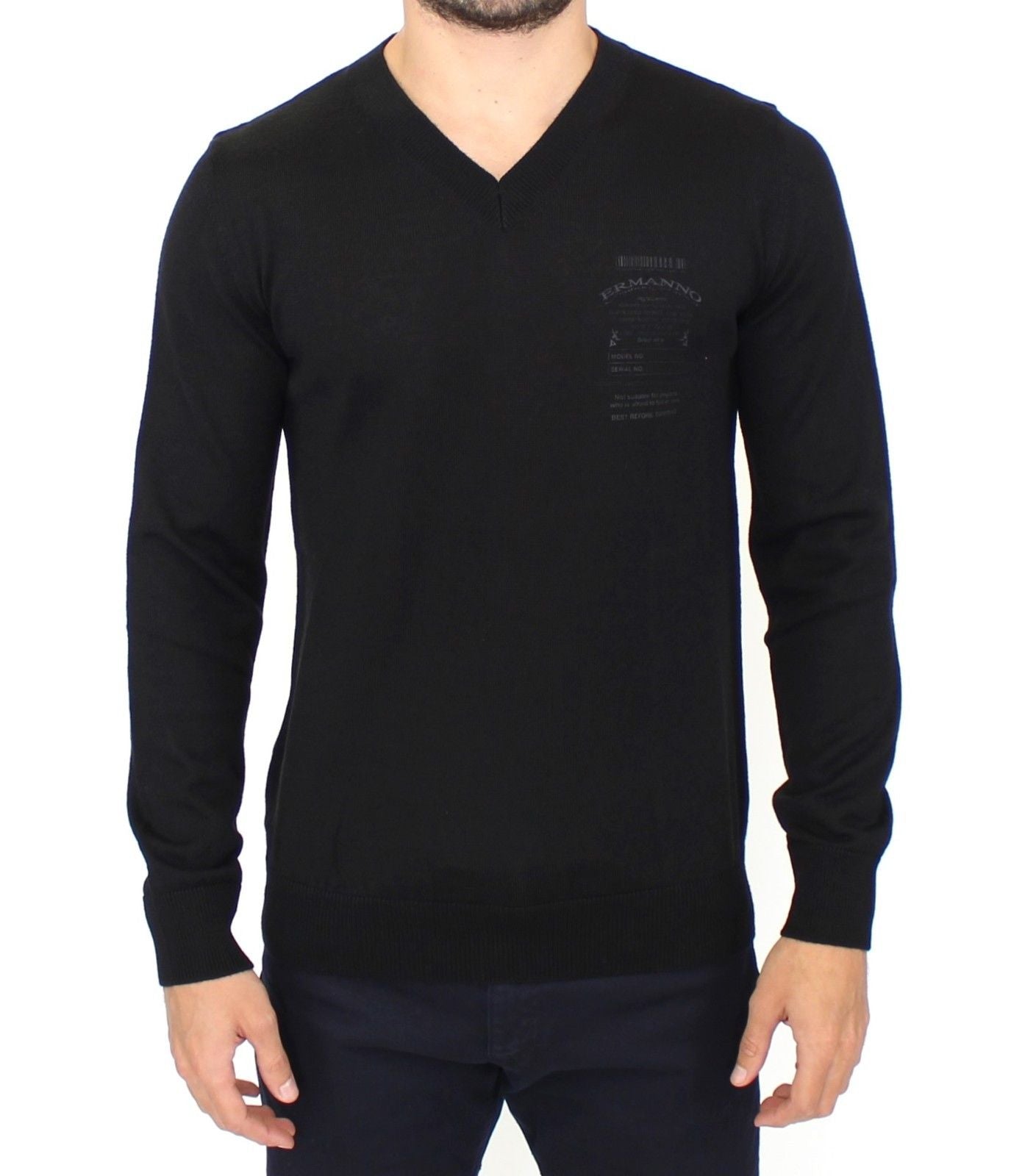 Ermanno Scervino Black Wool Blend V-neck Pullover Sweater Ermanno Scervino