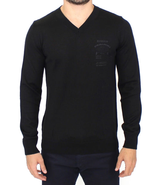 Ermanno Scervino Black Wool Blend V-neck Pullover Sweater Ermanno Scervino