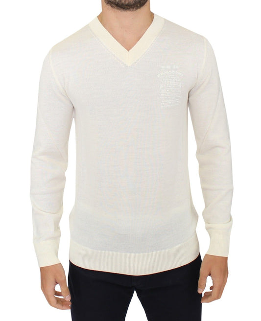 Ermanno Scervino Off White Wool Blend V-neck Pullover Sweater Ermanno Scervino
