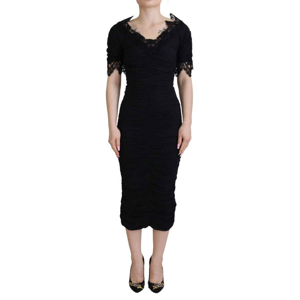 Dolce & Gabbana Black Sheath Midi Bodycon Lace Silk Dress