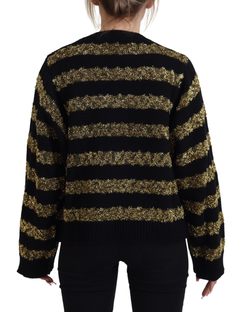 Black cashmere sweater by Dolce & Gabbana with gold D&G crystal embellishments and a classic crewneck design.