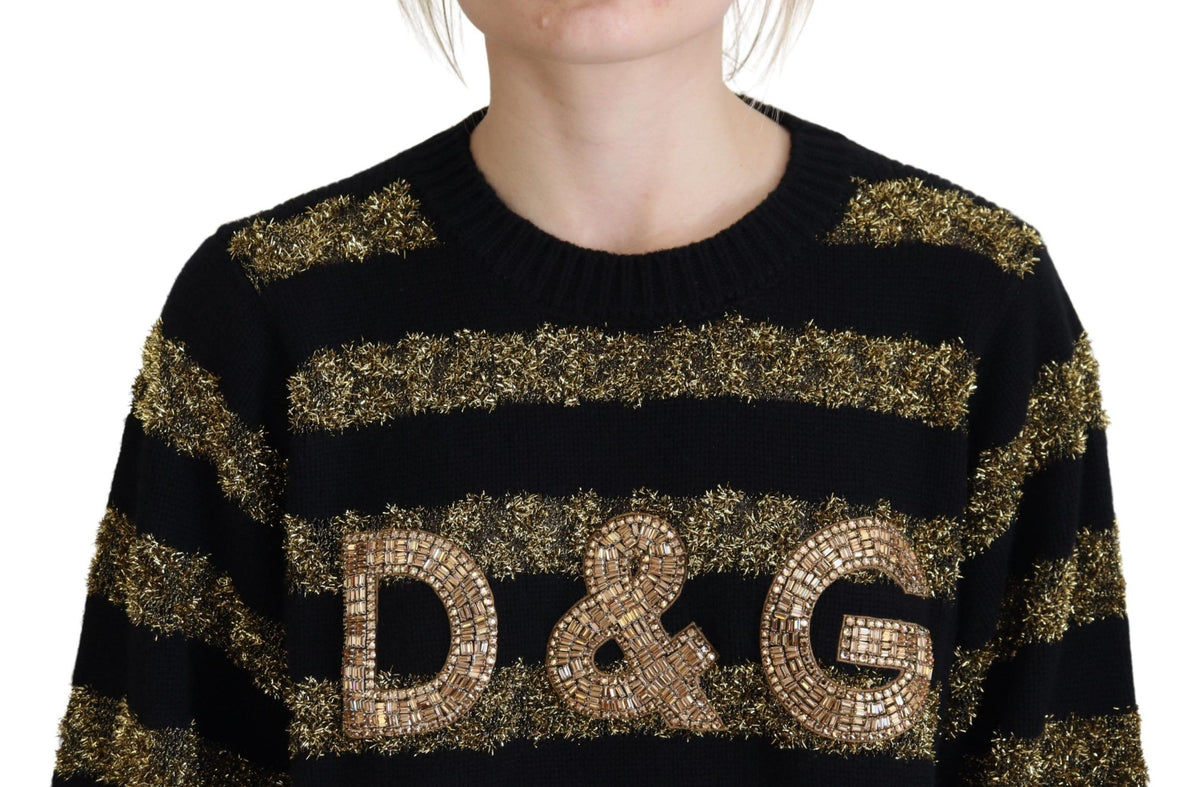 Black cashmere sweater with gold D&G crystal accents from Dolce & Gabbana, featuring a luxurious, elegant design.
