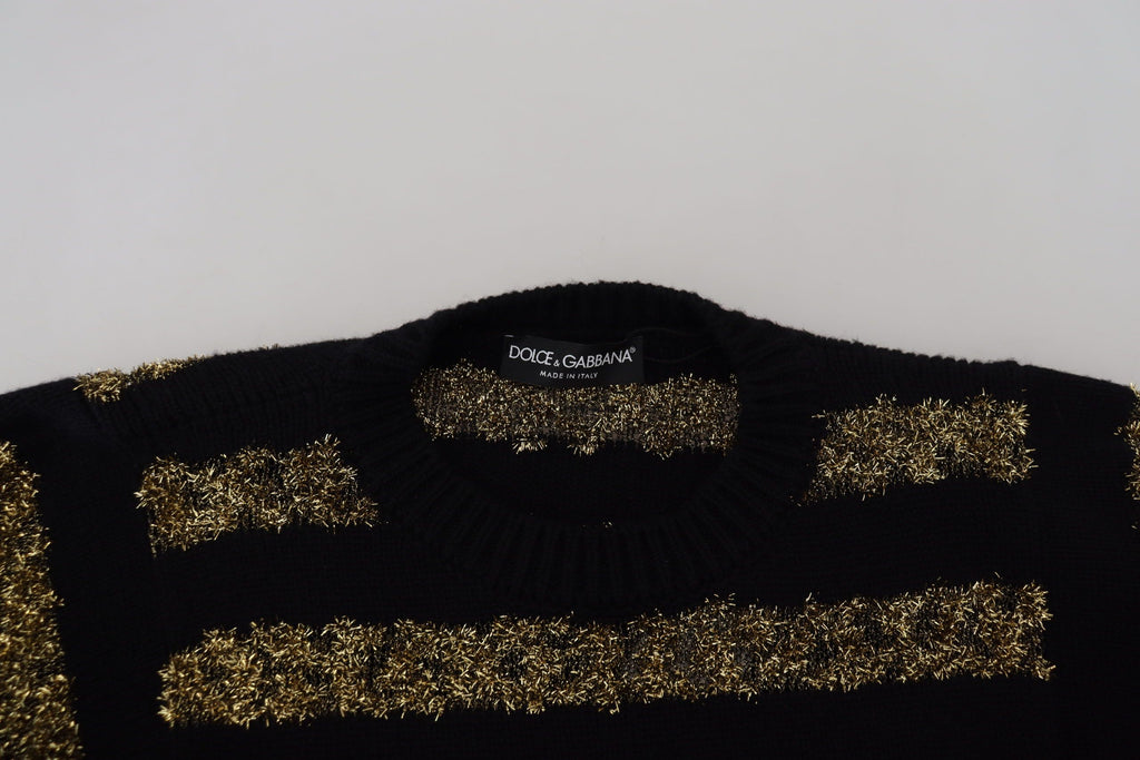 Dolce & Gabbana black cashmere sweater with gold D&G crystal accents, stylish and luxurious knitwear.