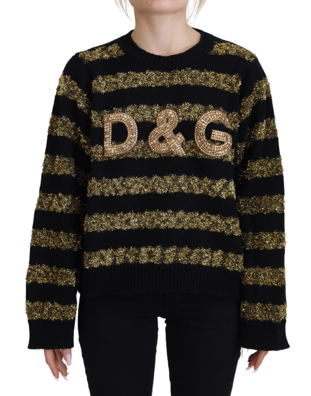 Black cashmere sweater with gold D&G crystal embellishments from Dolce & Gabbana, featuring a luxurious and stylish design.