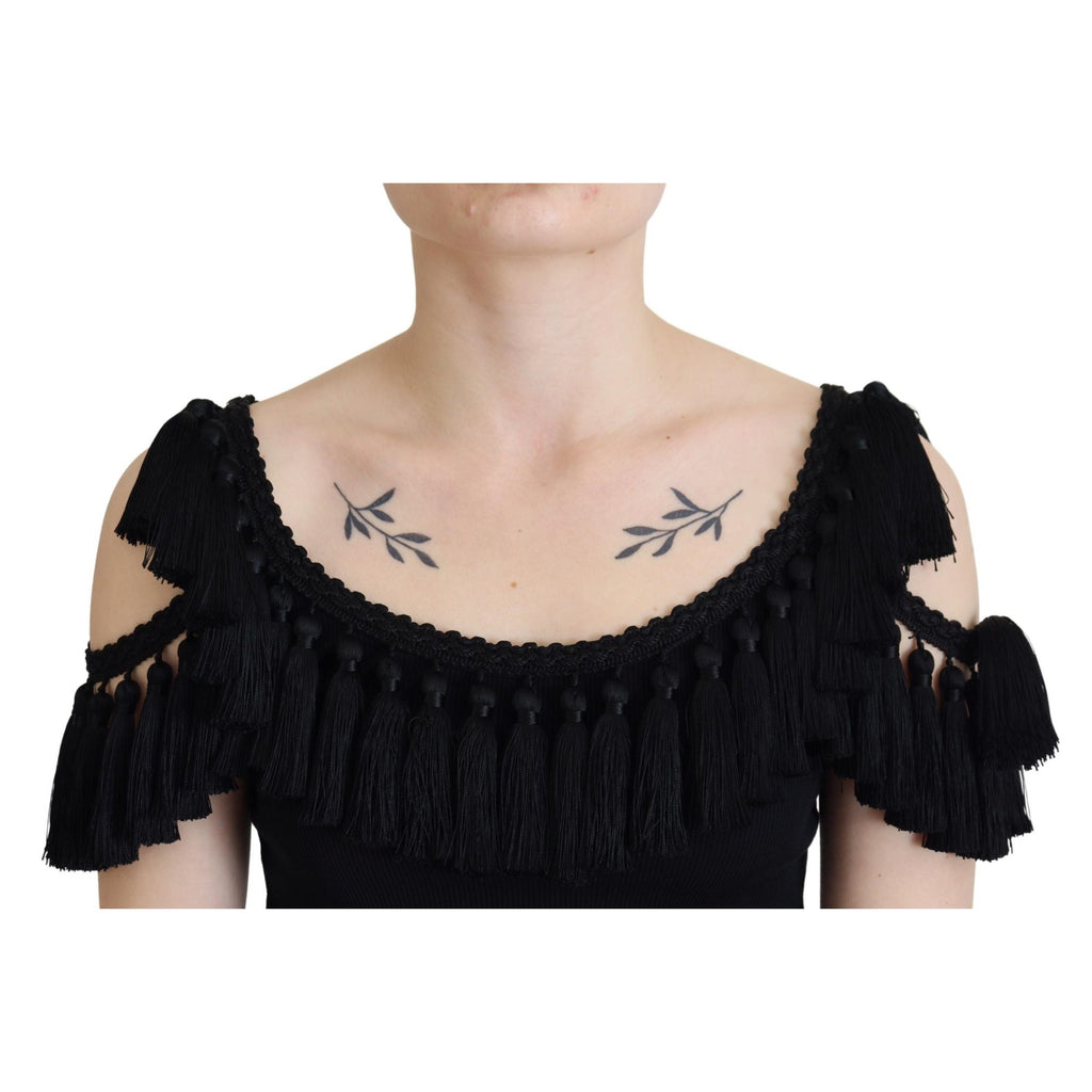 Dolce & Gabbana Black Tank Top Blouse Tassle Cotton Blouse