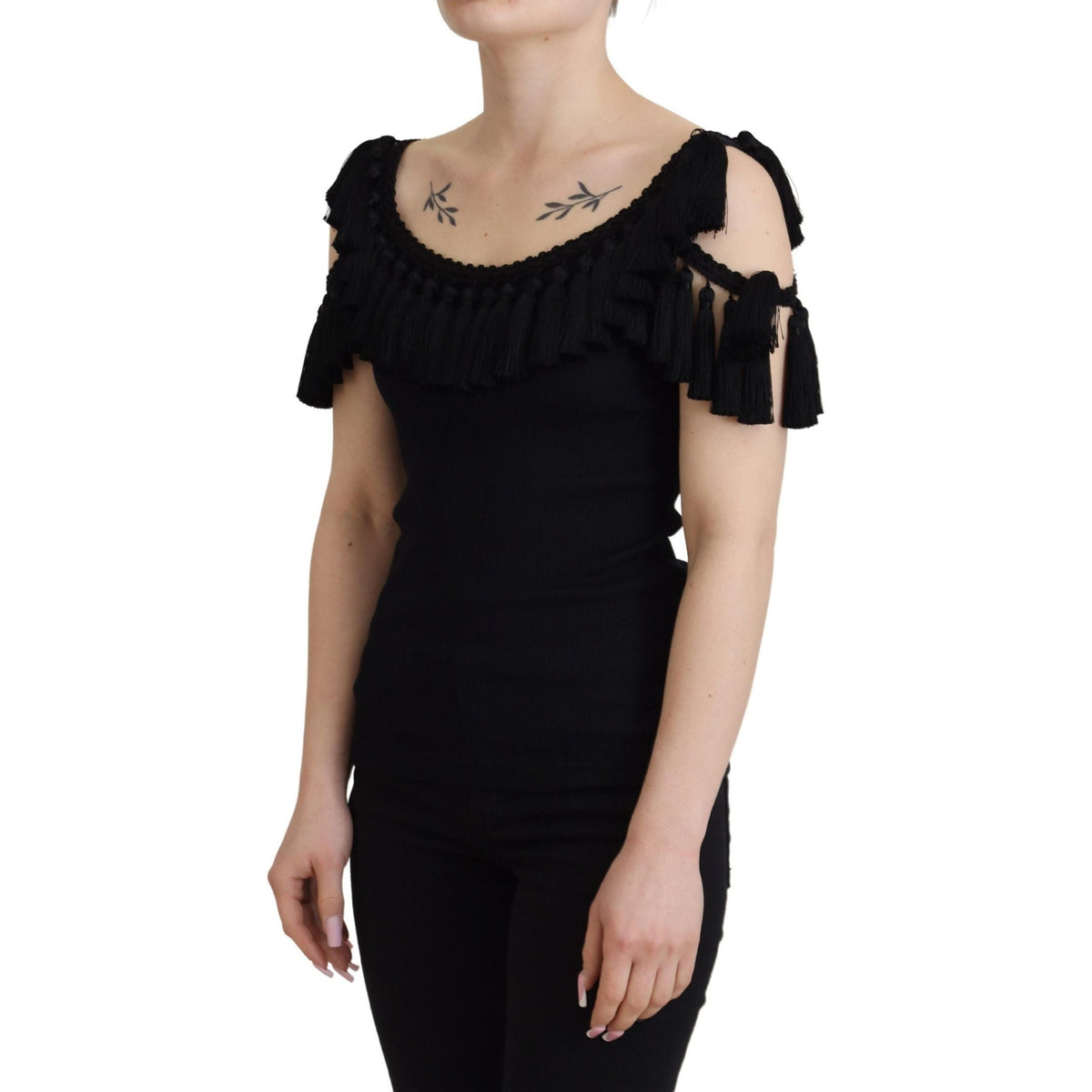 Dolce & Gabbana Black Tank Top Blouse Tassle Cotton Blouse