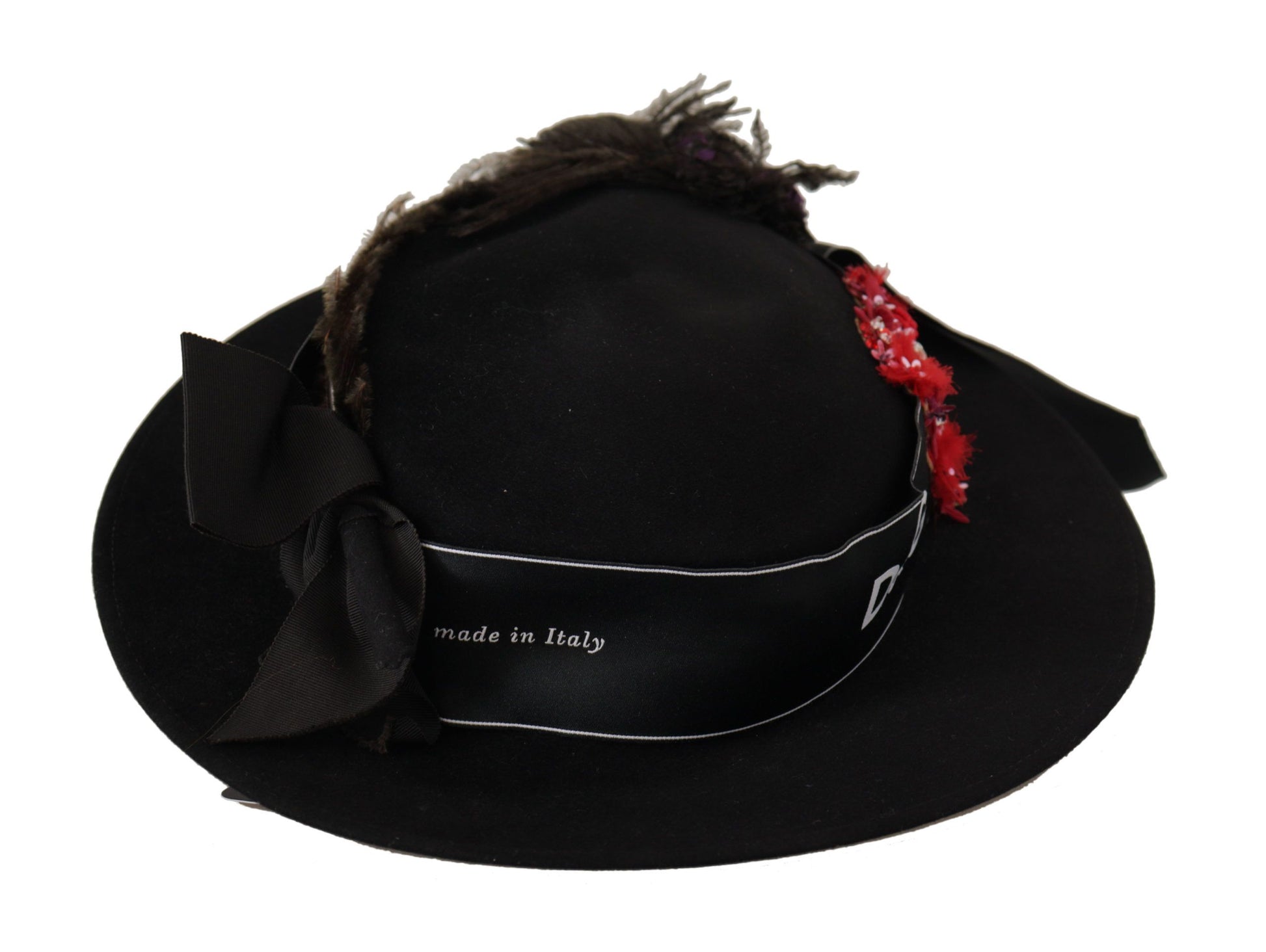 Dolce & Gabbana Black Lapil Crystal Heart Feather Brooch Fedora Hat Dolce & Gabbana