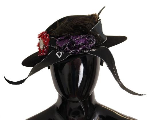 Dolce & Gabbana Black Lapil Crystal Heart Feather Brooch Fedora Hat Dolce & Gabbana