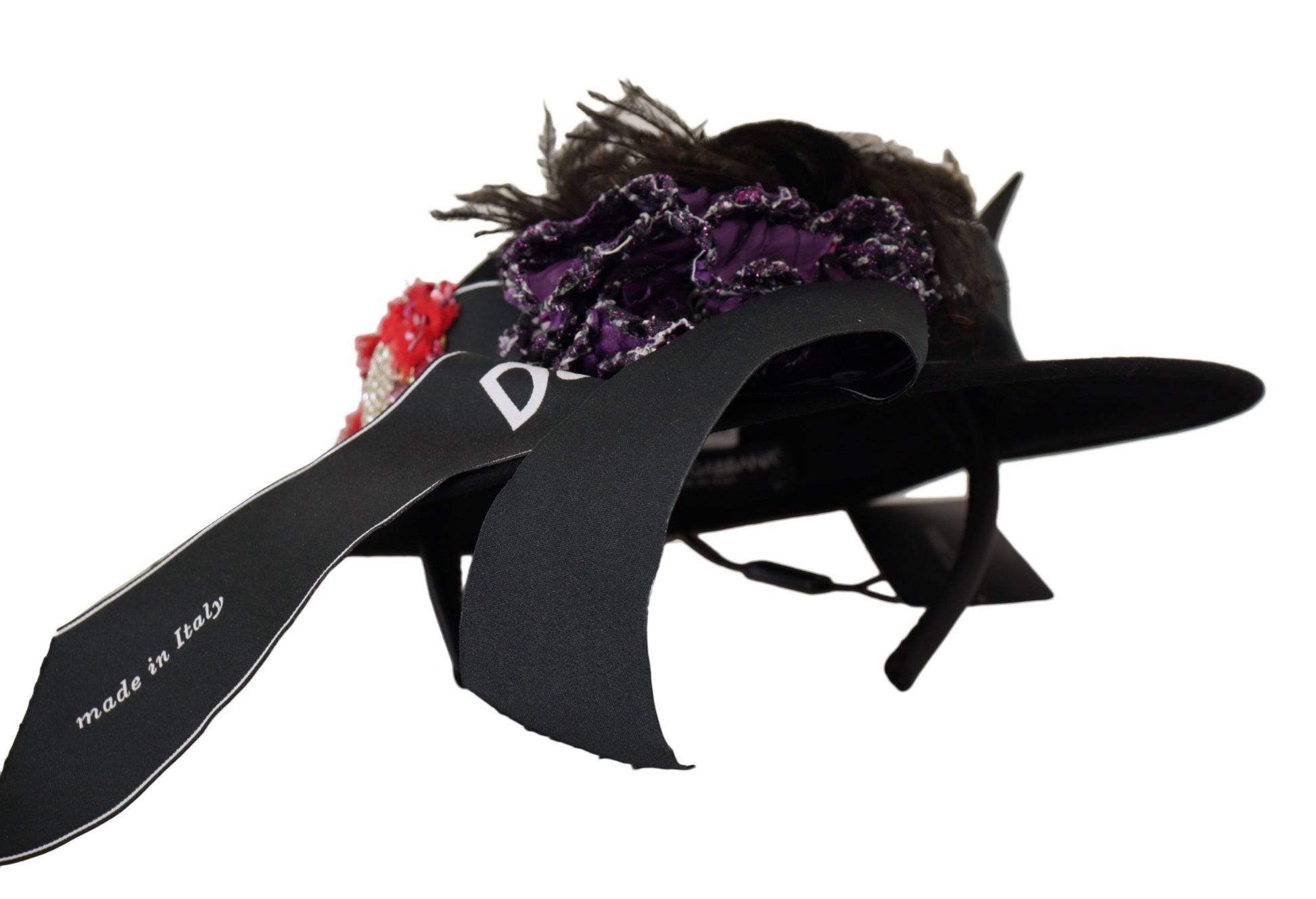 Dolce & Gabbana Black Lapil Crystal Heart Feather Brooch Fedora Hat Dolce & Gabbana