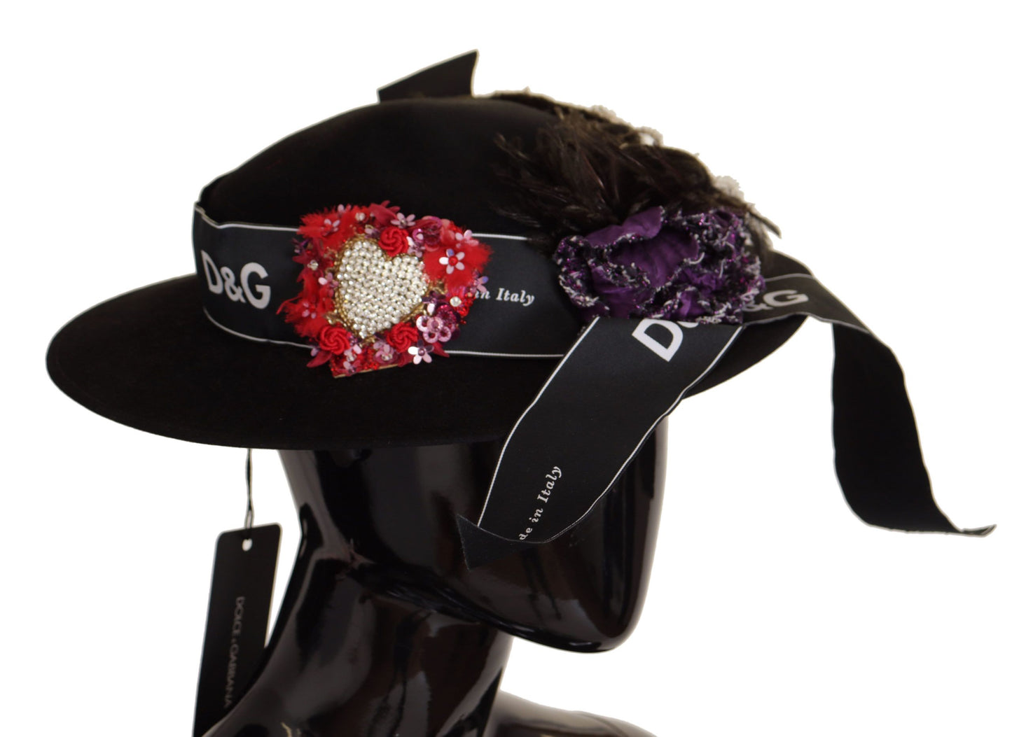 Dolce & Gabbana Black Lapil Crystal Heart Feather Brooch Fedora Hat Dolce & Gabbana