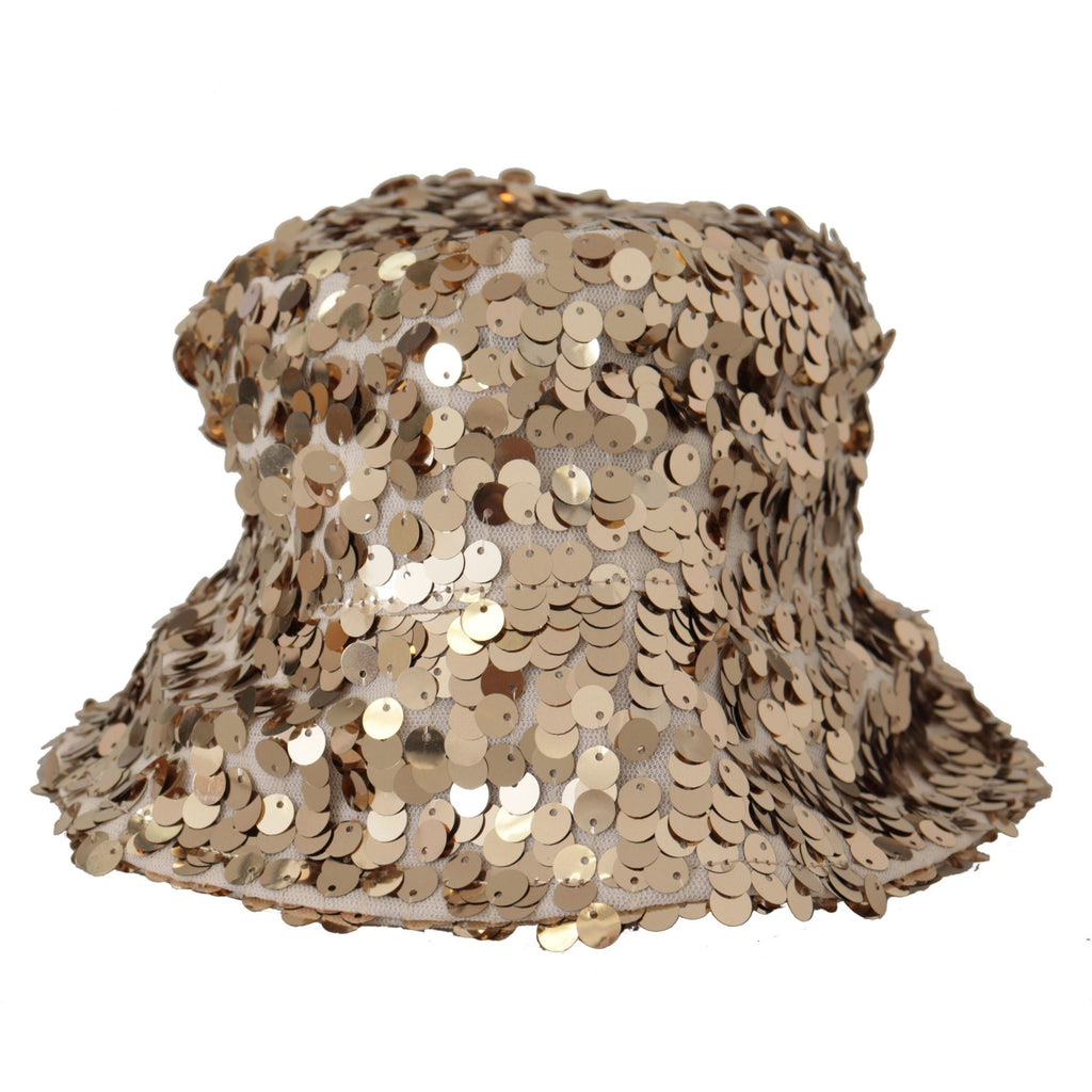 Dolce & Gabbana Gold Silk Sequin Embellished Designer Brim Bucket Hat