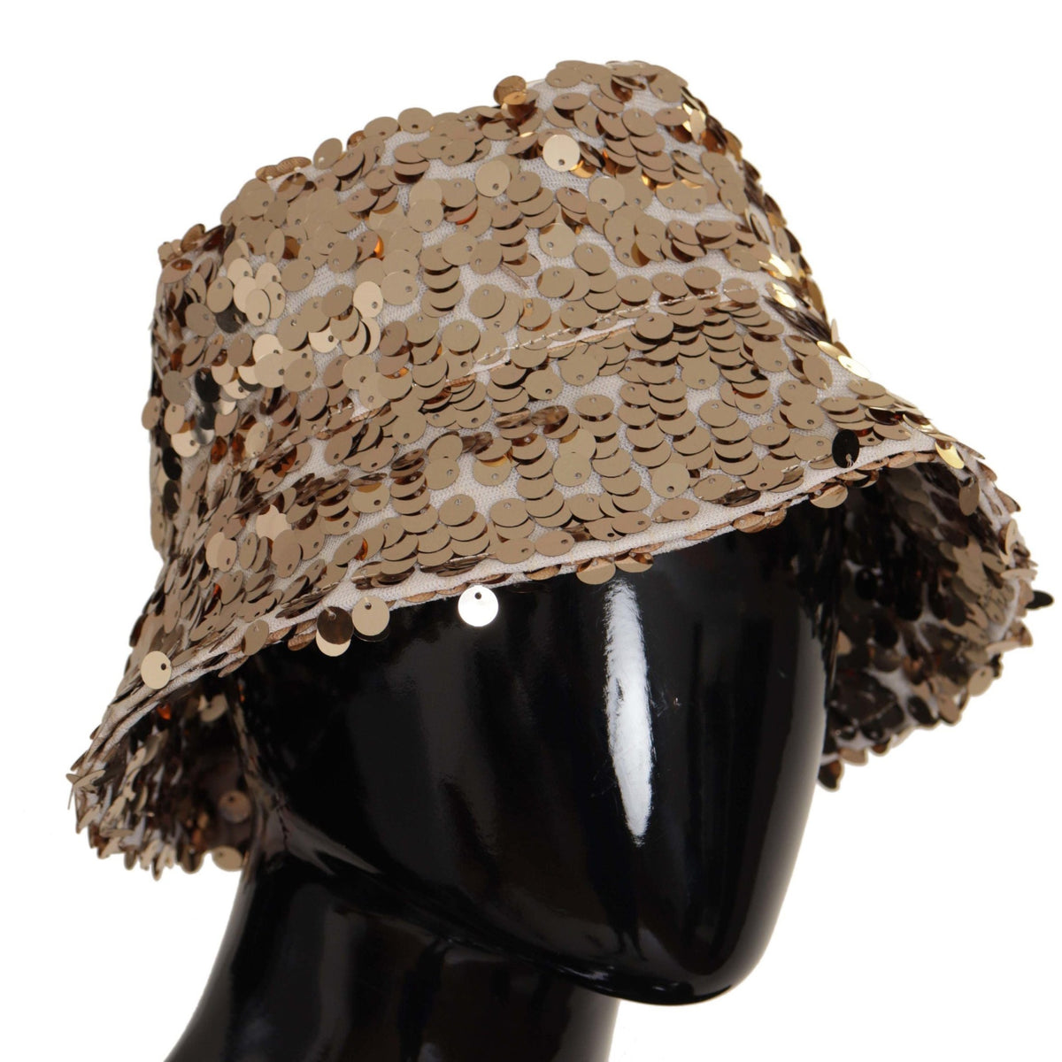 Dolce & Gabbana Gold Silk Sequin Embellished Designer Brim Bucket Hat