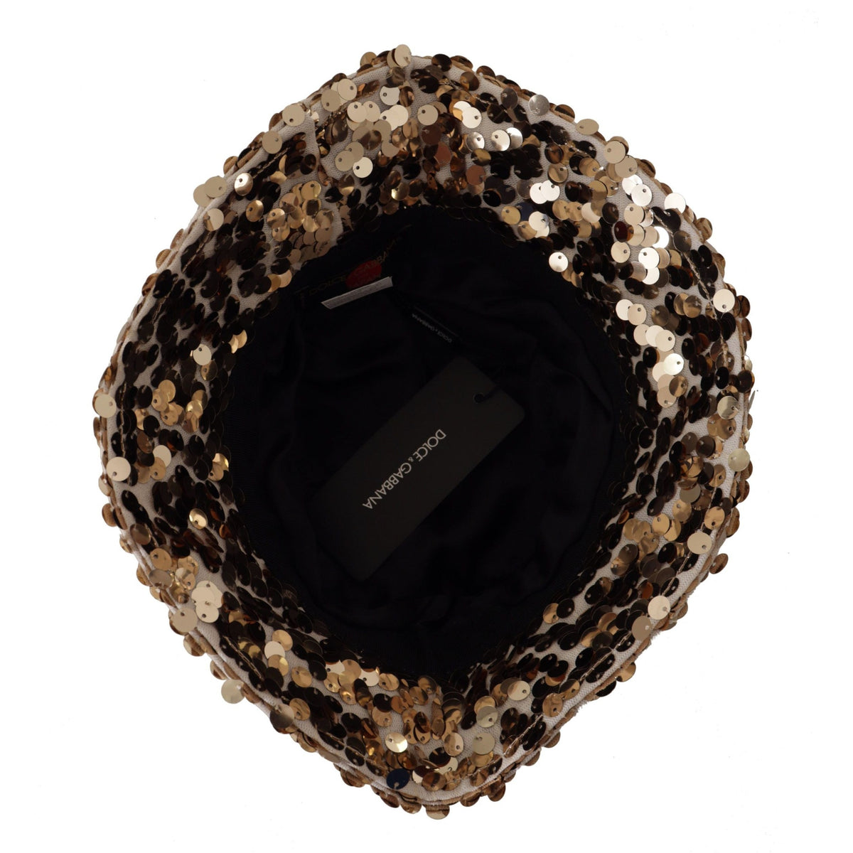 Dolce & Gabbana Gold Silk Sequin Embellished Designer Brim Bucket Hat