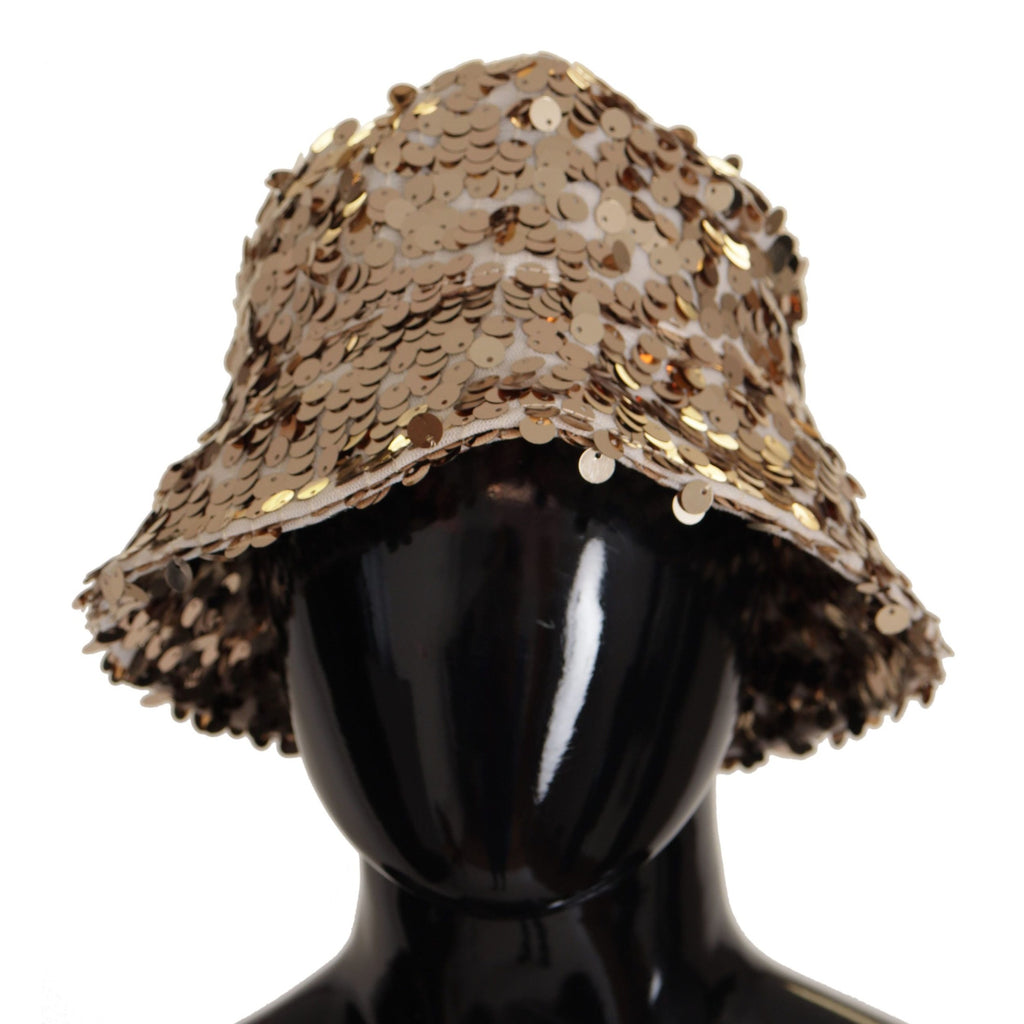 Dolce & Gabbana Gold Silk Sequin Embellished Designer Brim Bucket Hat