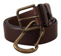 Dolce & Gabbana brown leather belt with gold metal buckle and carabiner design, stylish accessory for men.