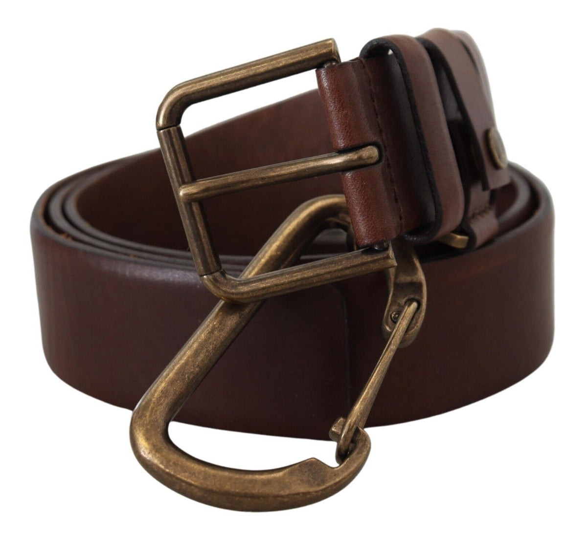 Dolce & Gabbana brown leather belt with gold metal buckle and carabiner design, stylish accessory for men.