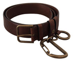 Dolce & Gabbana brown leather carabiner belt with gold metal buckle and adjustable strap, stylish men's accessory.