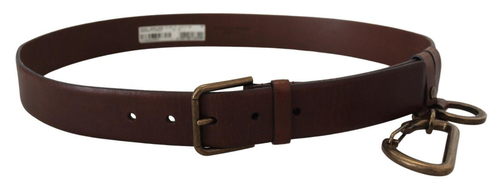 Dolce & Gabbana brown leather belt with gold metal buckle and carabiner detail, stylish accessory for men or women.