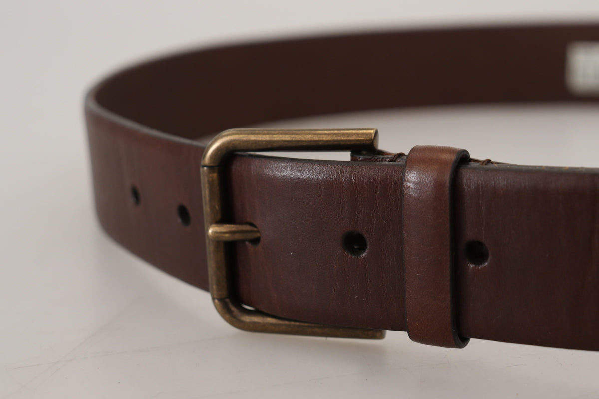 Dolce & Gabbana brown leather belt with gold metal buckle and carabiner detail, stylish accessory for men or women.