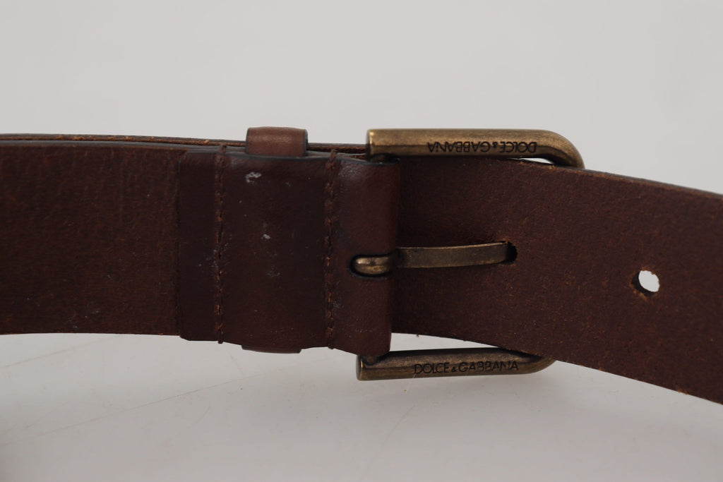 Dolce & Gabbana brown leather belt with gold metal buckle and carabiner detail, stylish accessory for men or women.