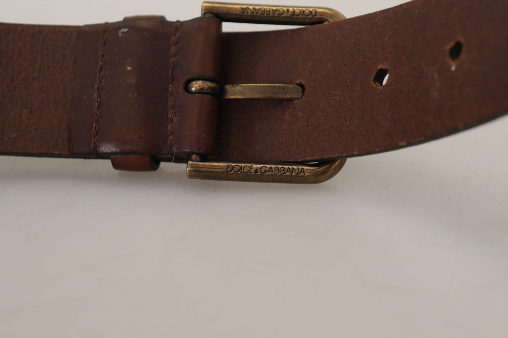Dolce & Gabbana brown leather belt with gold metal buckle and carabiner detail, stylish accessory for men or women.
