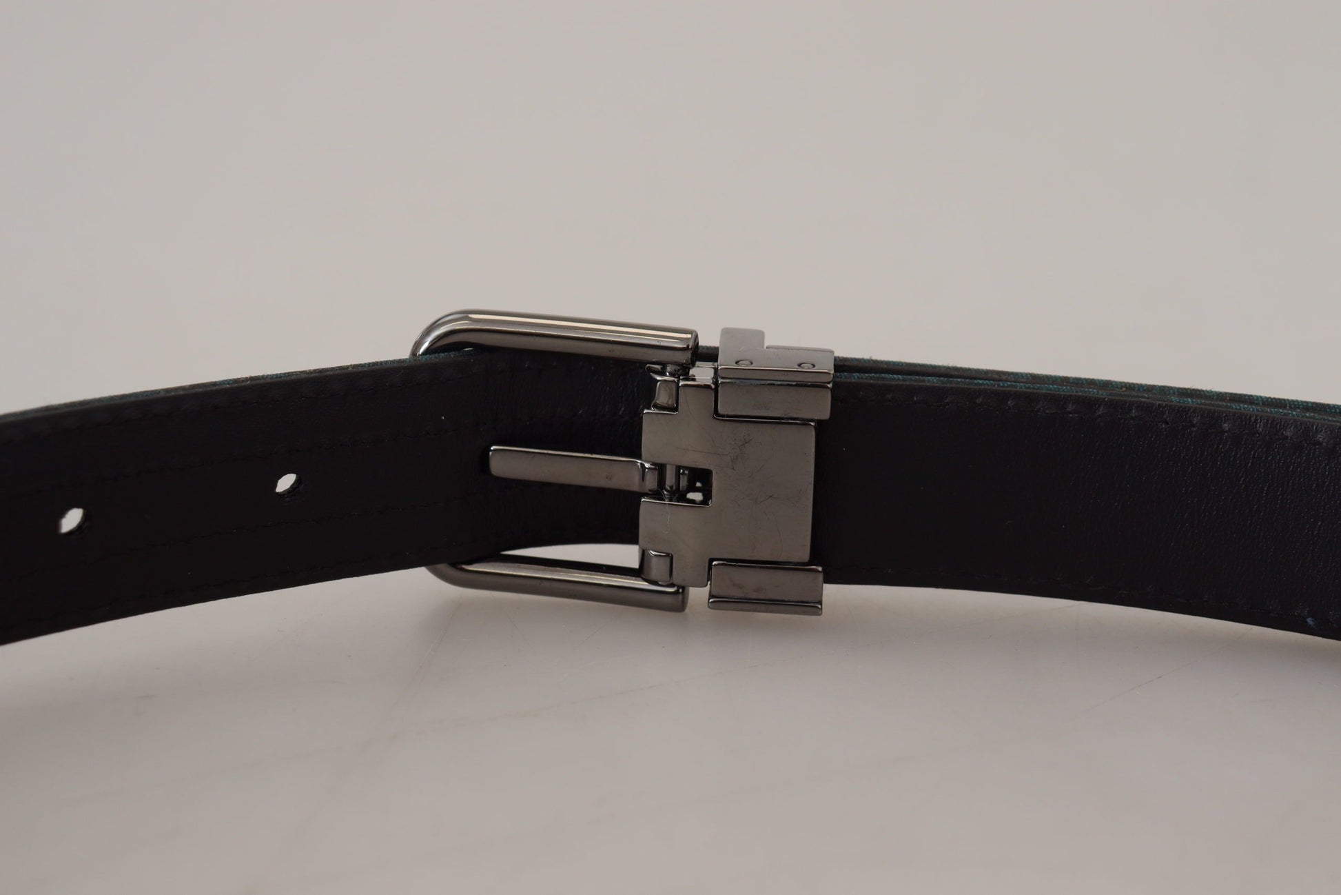 Dolce & Gabbana Blue Jacquard Moire Silver Metal Belt Men Dolce & Gabbana