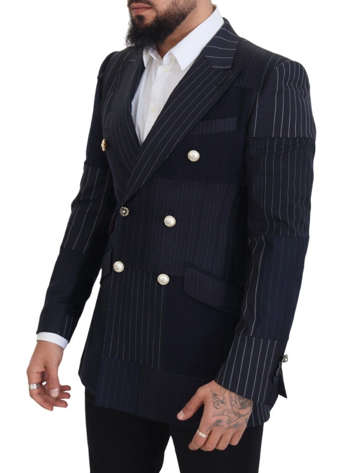Dolce & Gabbana Blue Wool Patchwork Double Breasted Blazer Dolce & Gabbana
