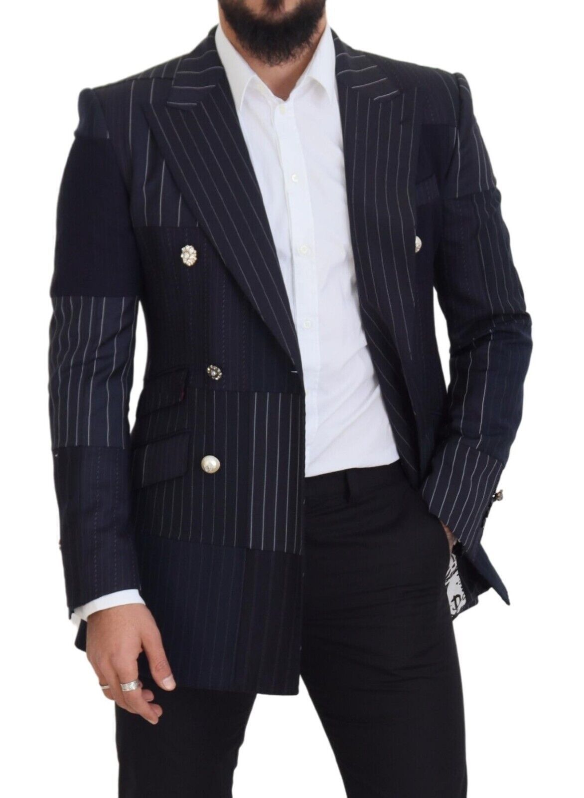 Dolce & Gabbana Blue Wool Patchwork Double Breasted Blazer Dolce & Gabbana