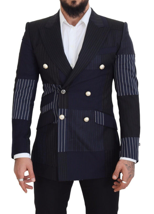 Dolce & Gabbana Blue Wool Patchwork Double Breasted Blazer Dolce & Gabbana