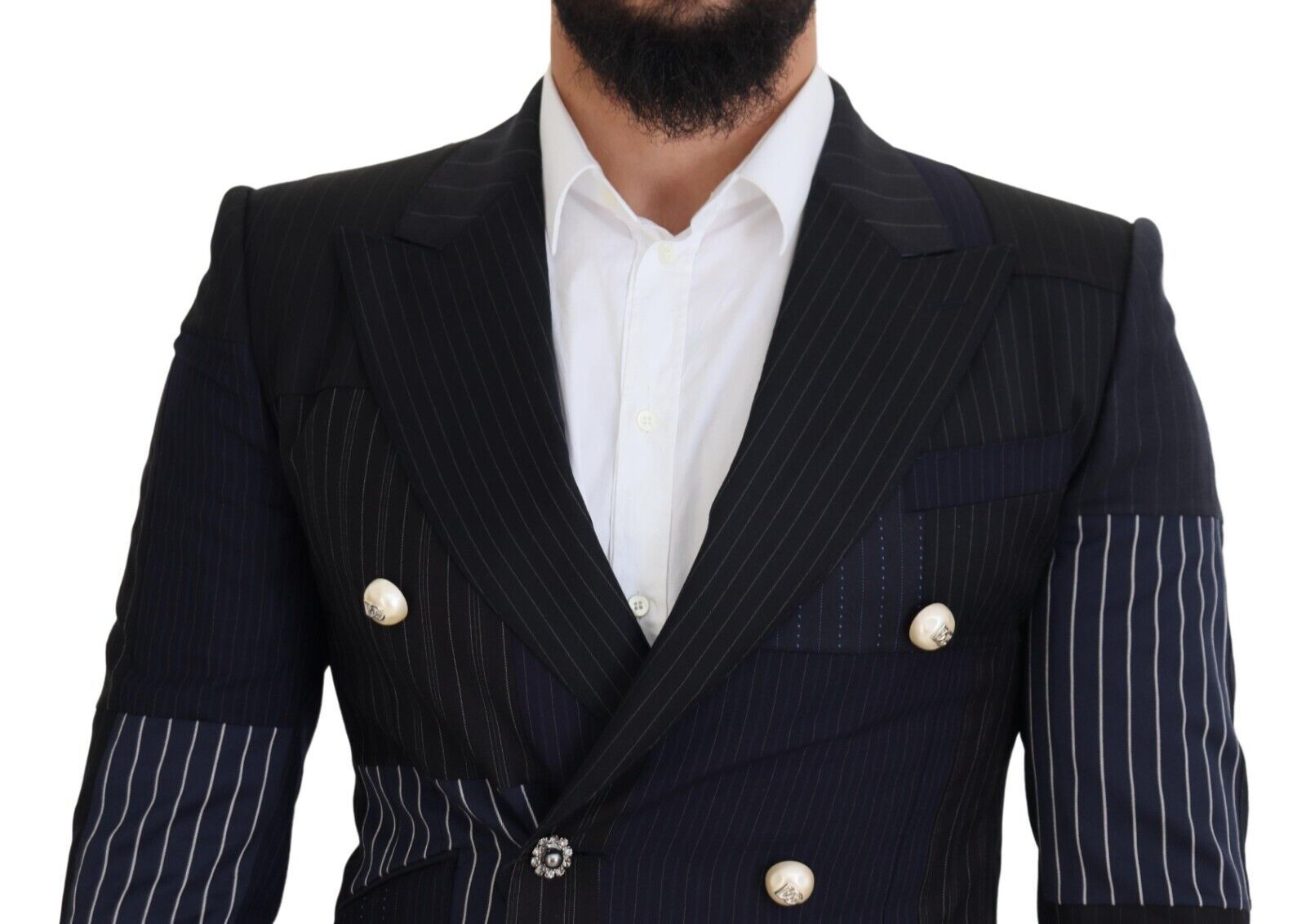 Dolce & Gabbana Blue Wool Patchwork Double Breasted Blazer Dolce & Gabbana