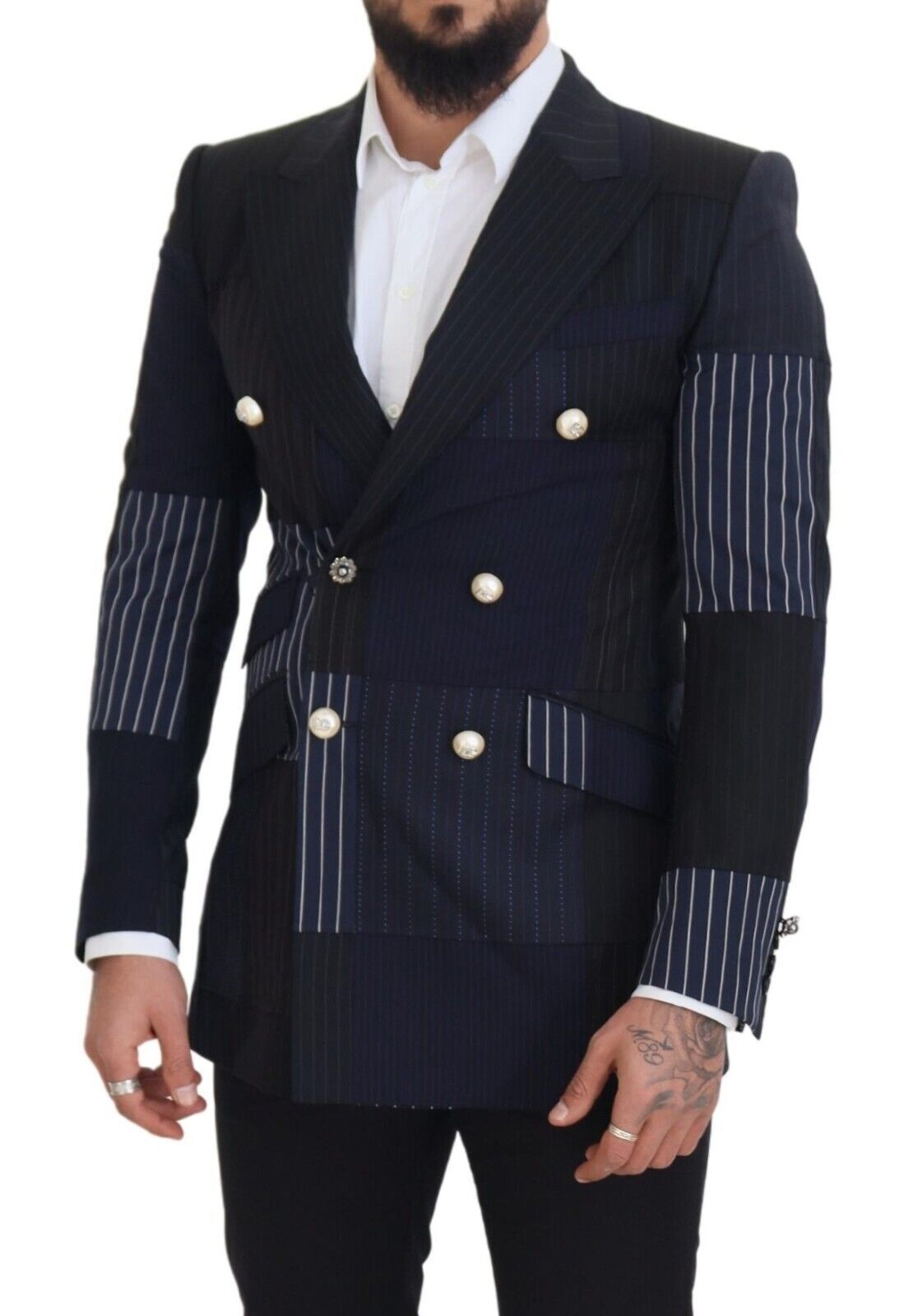 Dolce & Gabbana Blue Wool Patchwork Double Breasted Blazer Dolce & Gabbana