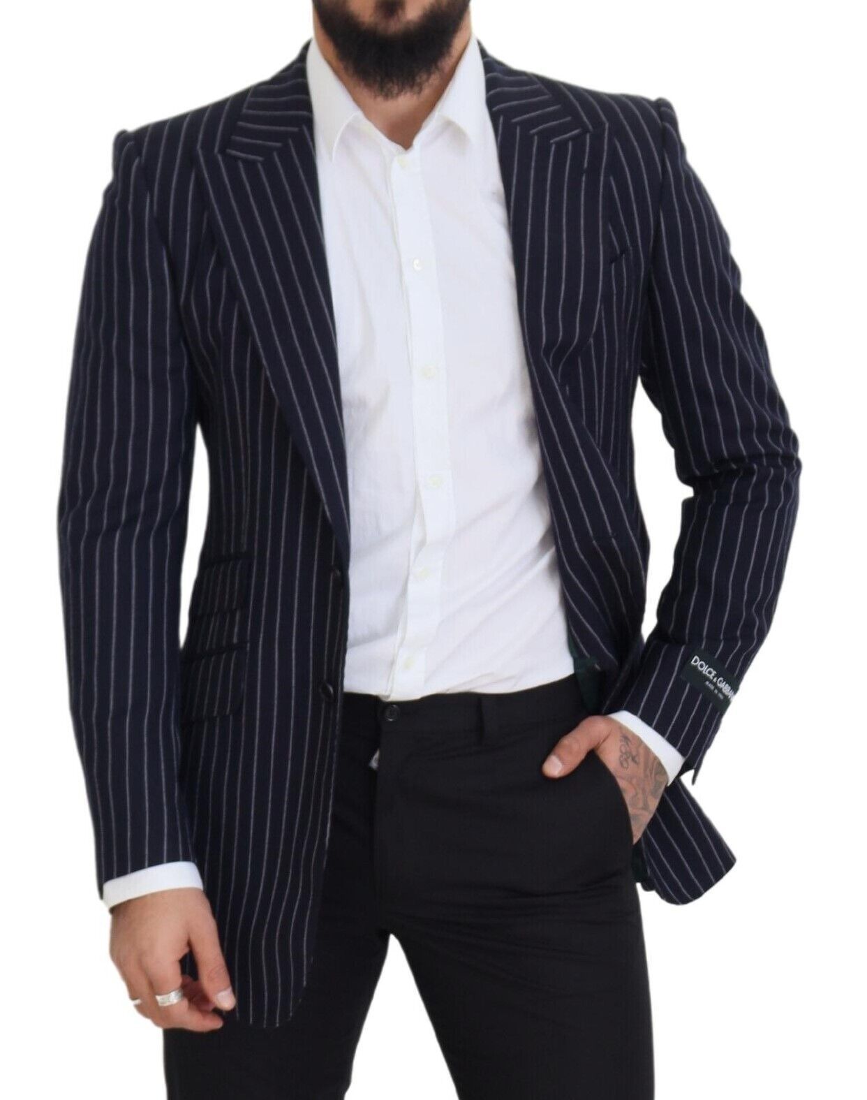Dolce & Gabbana Dark Blue Stripe Wool Single Breasted Blazer Dolce & Gabbana