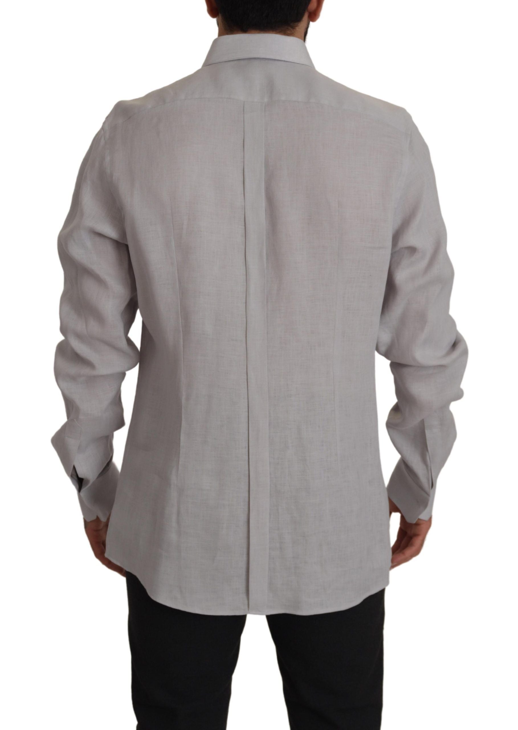 Dolce & Gabbana Gray Linen Long Sleeves Formal GOLD Shirt Dolce & Gabbana