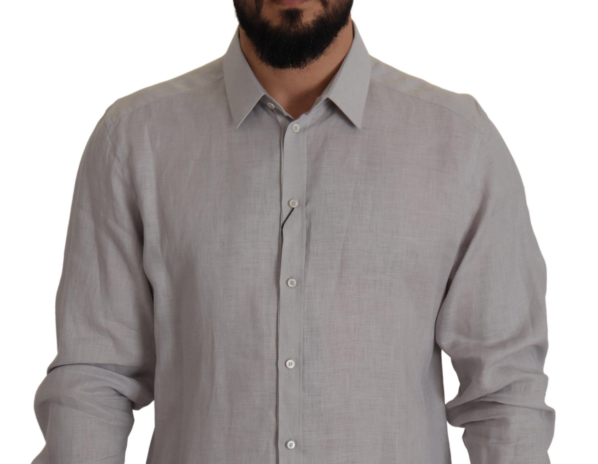 Dolce & Gabbana Gray Linen Long Sleeves Formal GOLD Shirt Dolce & Gabbana
