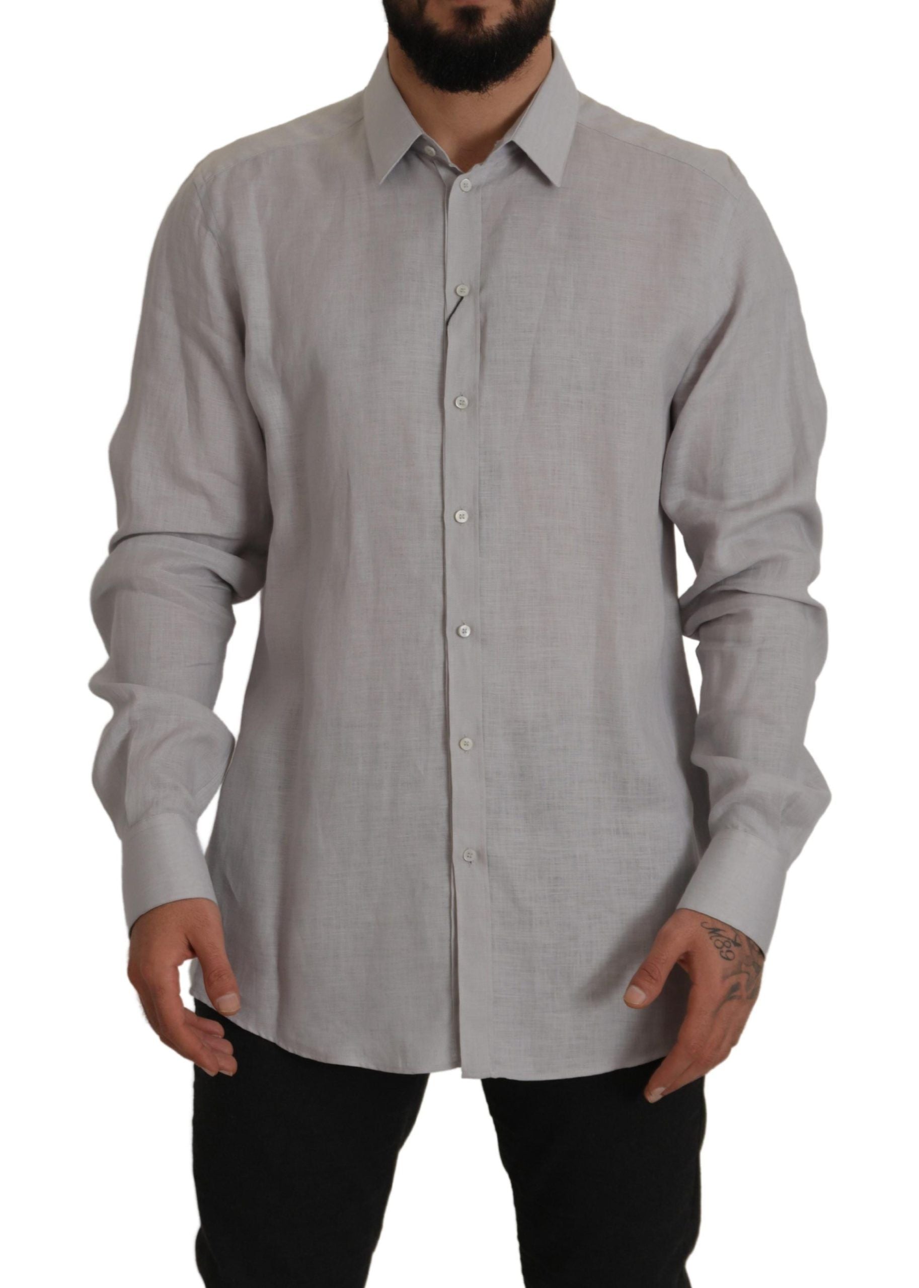 Dolce & Gabbana Gray Linen Long Sleeves Formal GOLD Shirt Dolce & Gabbana