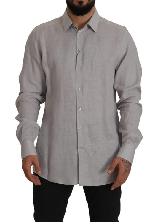 Dolce & Gabbana Gray Linen Long Sleeves Formal GOLD Shirt Dolce & Gabbana