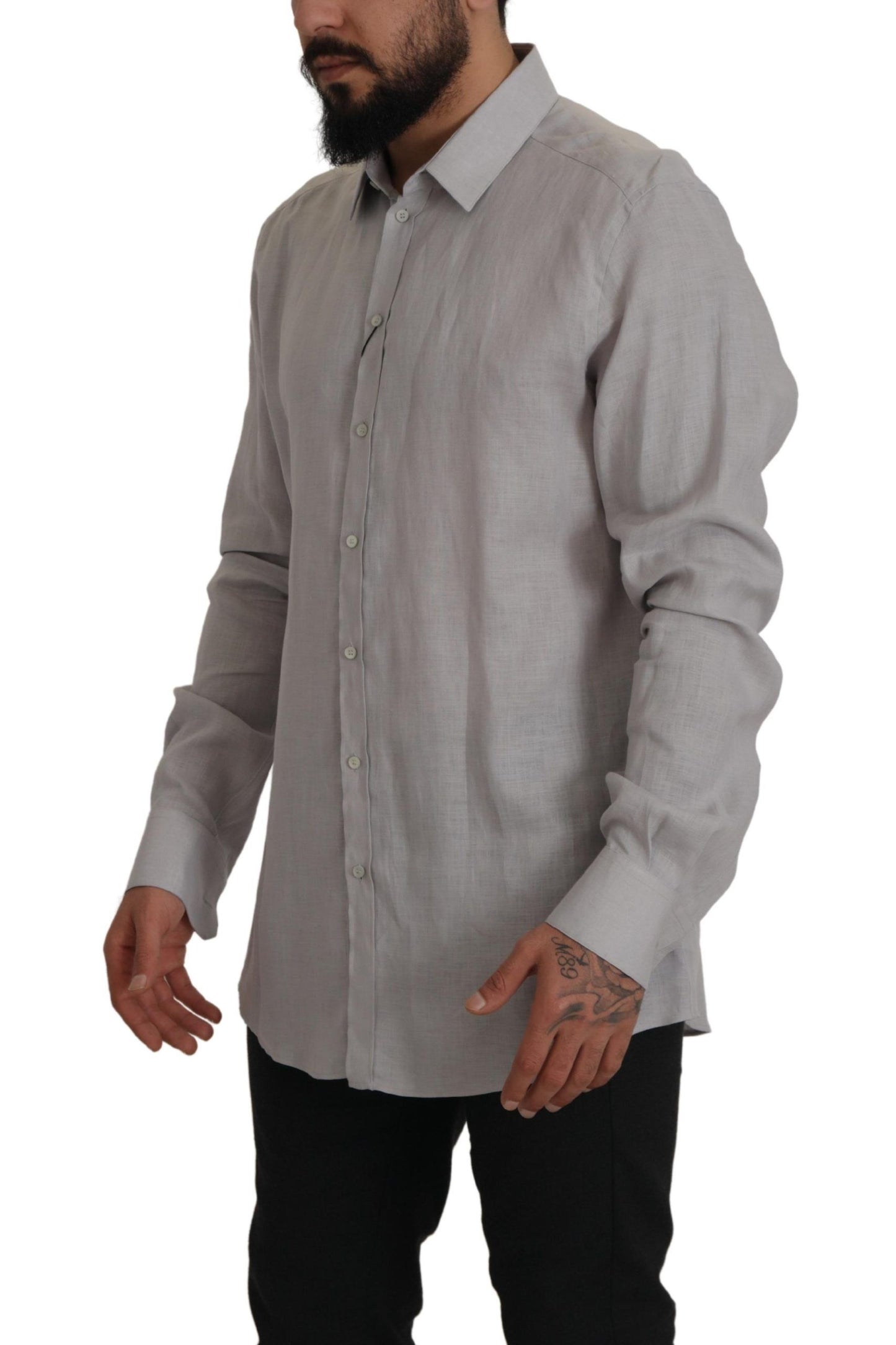 Dolce & Gabbana Gray Linen Long Sleeves Formal GOLD Shirt Dolce & Gabbana