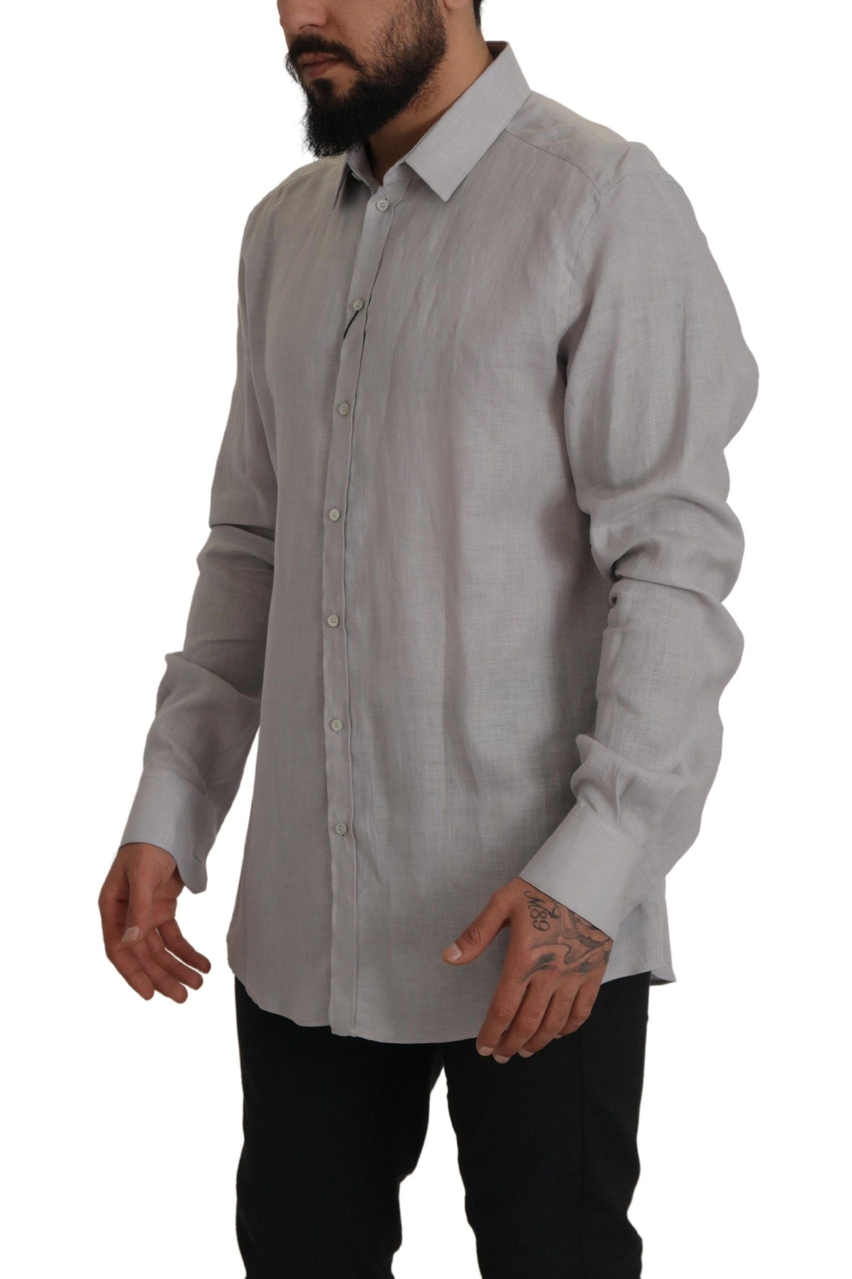 Dolce & Gabbana Gray Linen Long Sleeves Formal GOLD Shirt Dolce & Gabbana