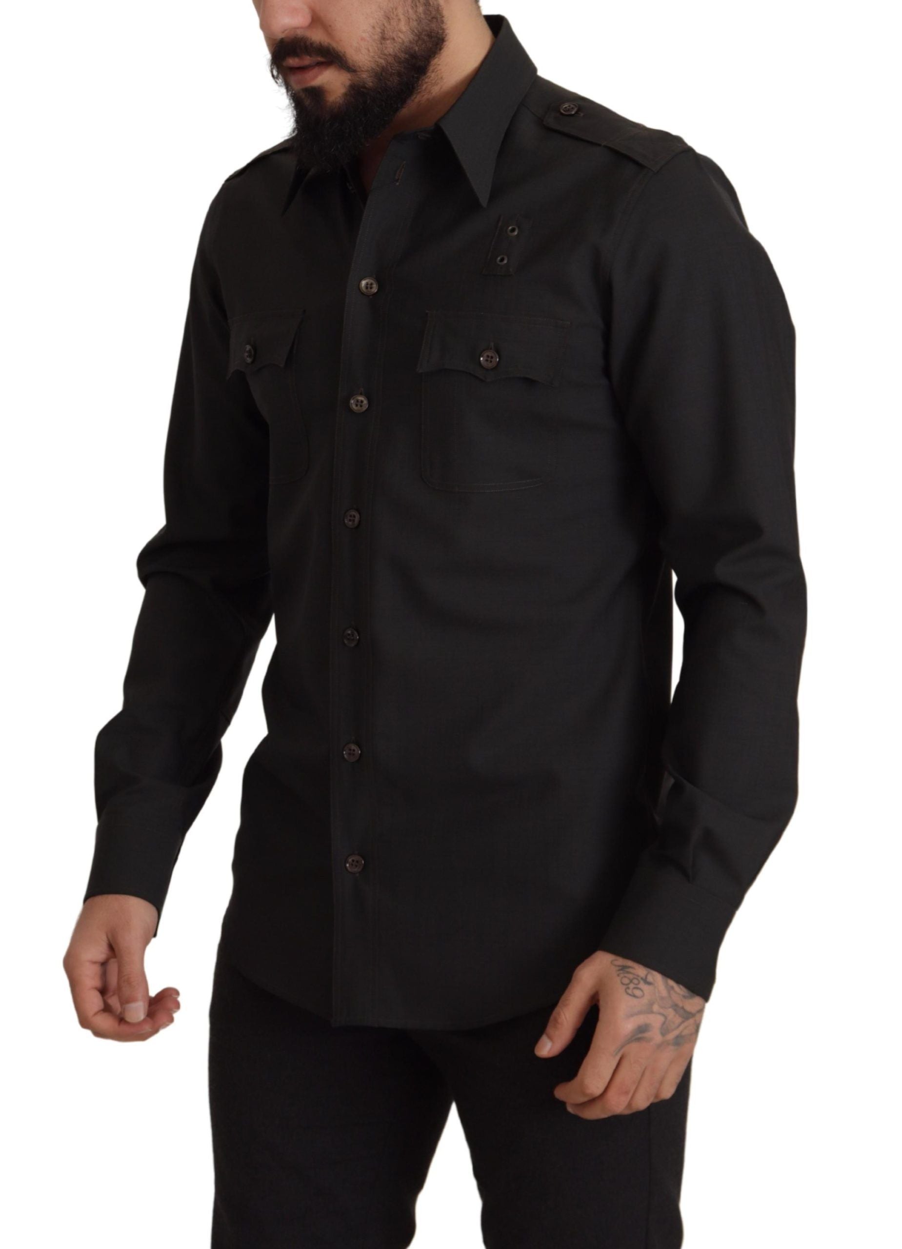 Dolce & Gabbana Dark Green Cotton Slim Fit Casual Men Shirt Dolce & Gabbana