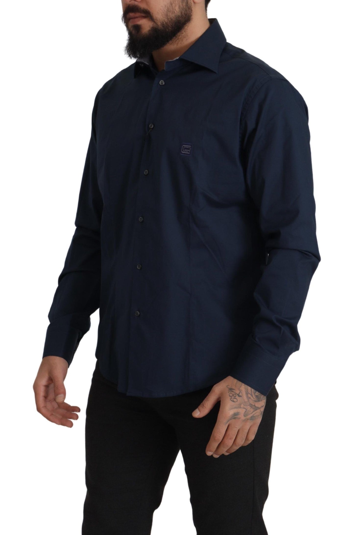Roberto Cavalli Navy Blue Cotton Dress Formal Shirt Roberto Cavalli