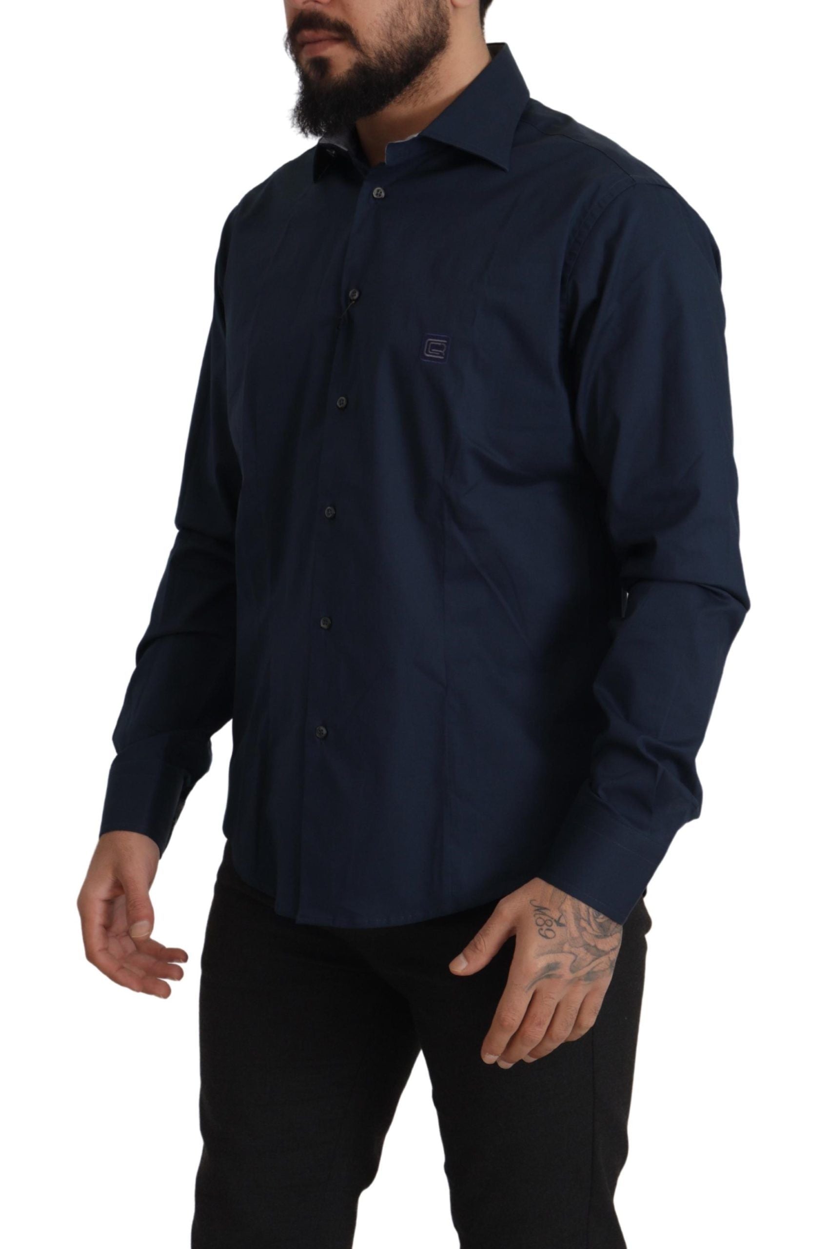 Roberto Cavalli Navy Blue Cotton Dress Formal Shirt Roberto Cavalli