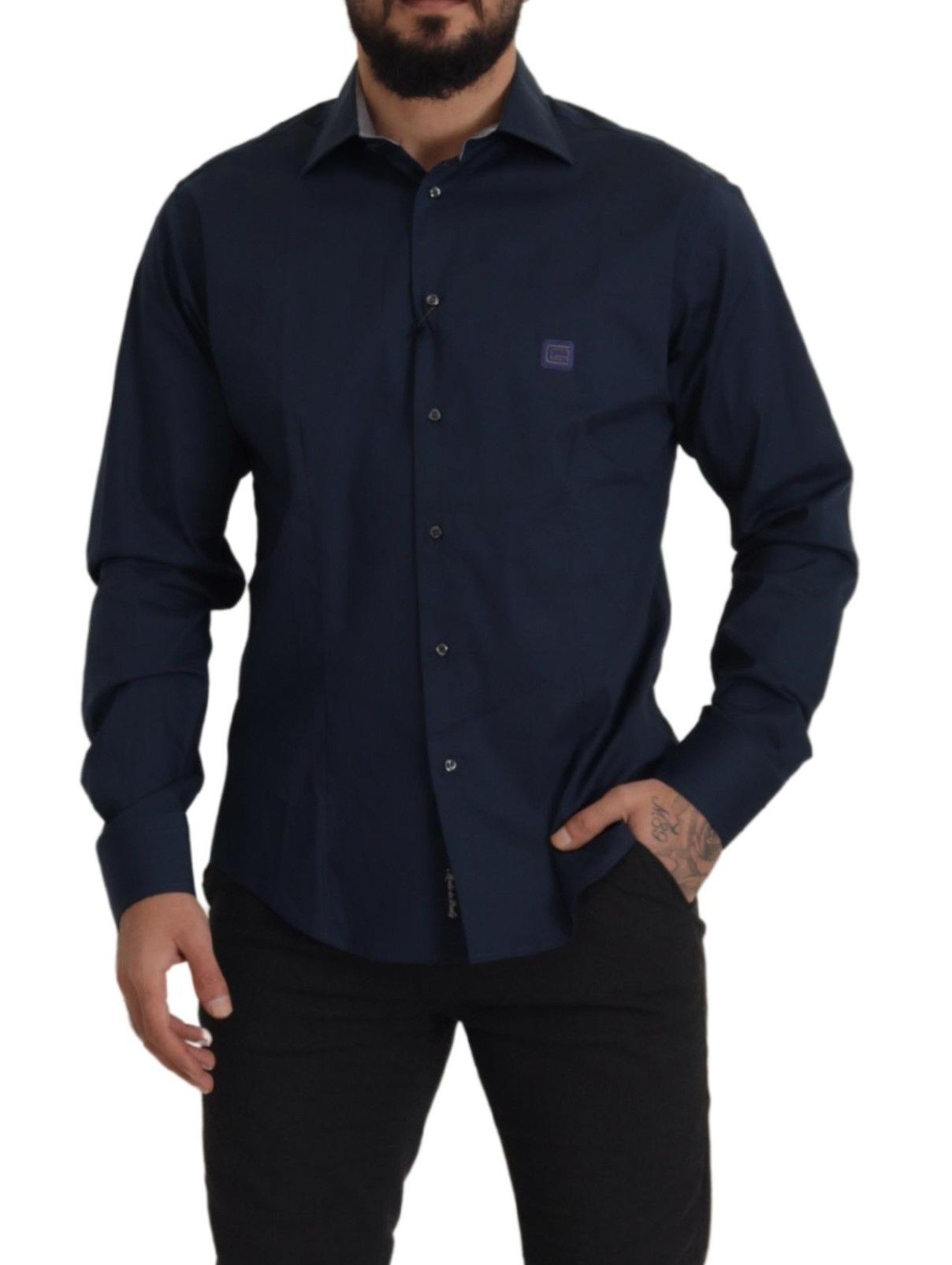 Roberto Cavalli Navy Blue Cotton Dress Formal Shirt Roberto Cavalli