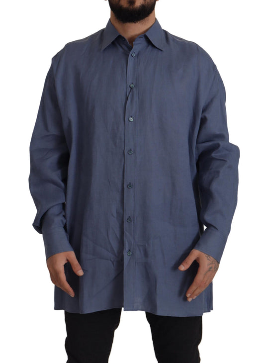 Dolce & Gabbana Dark Blue Linen Slim Fit Dress Formal Men Shirt Dolce & Gabbana